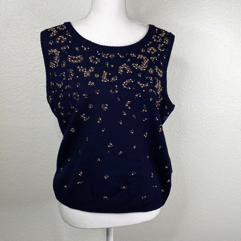 St. John Women's Sweater Vest Blue Sz L Beaded Wool Blend Old Money Preppy
